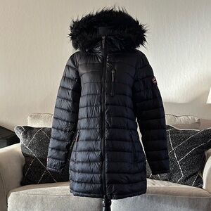 Superdry Women's Black Puffer Coat with Faux Fur Trim